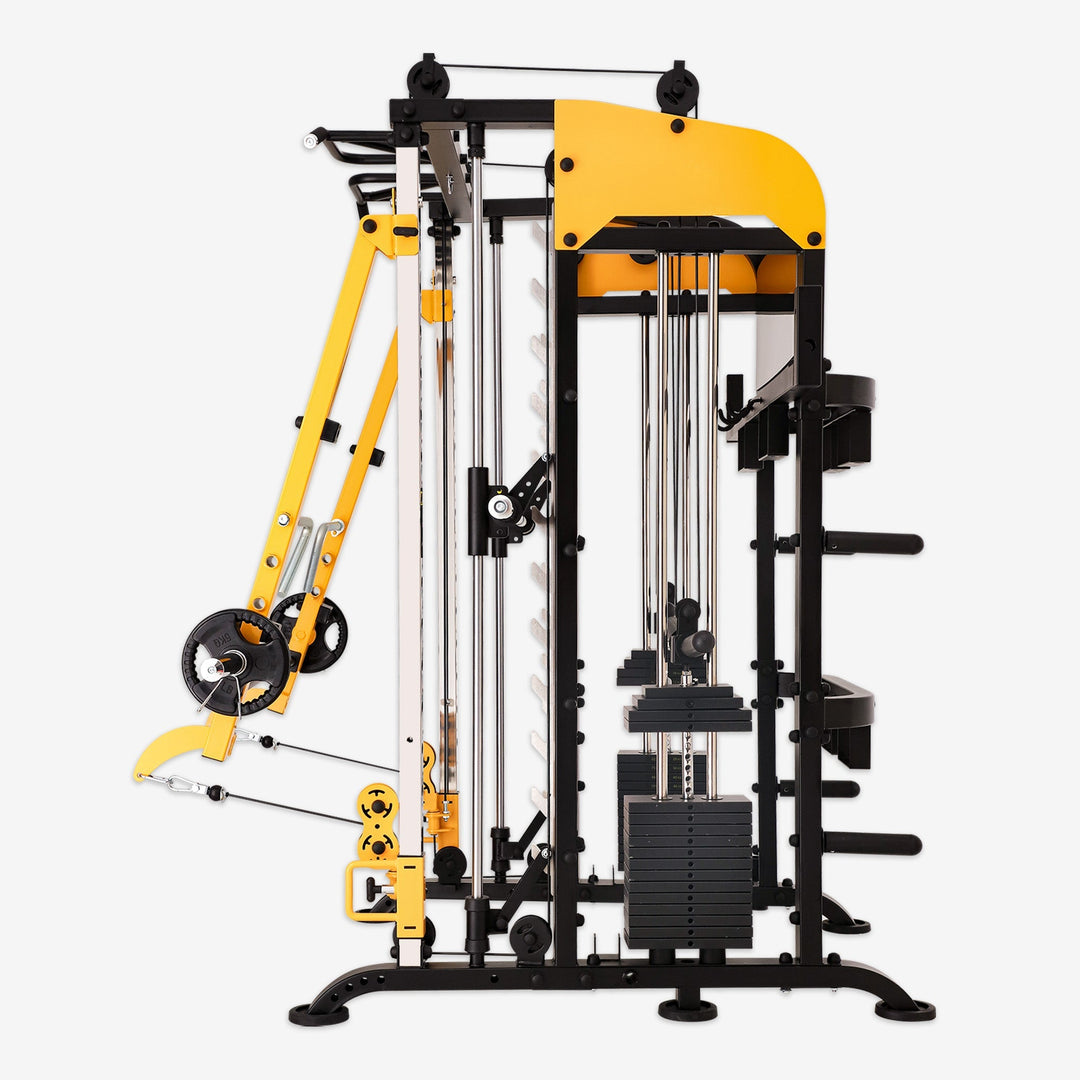 Gym machine with yellow and black components on a white background