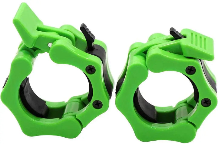 Green 2" Olympic barbell collars from X-Rival to secure weights during workouts, ideal for barbells, dumbbells, and gym equipment.