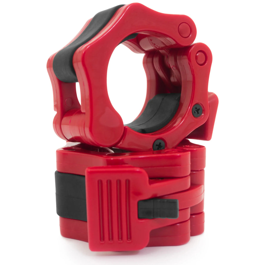 2-inch Olympic barbell collars by X-RIVAL in red, providing secure grips for weightlifting and fitness routines.