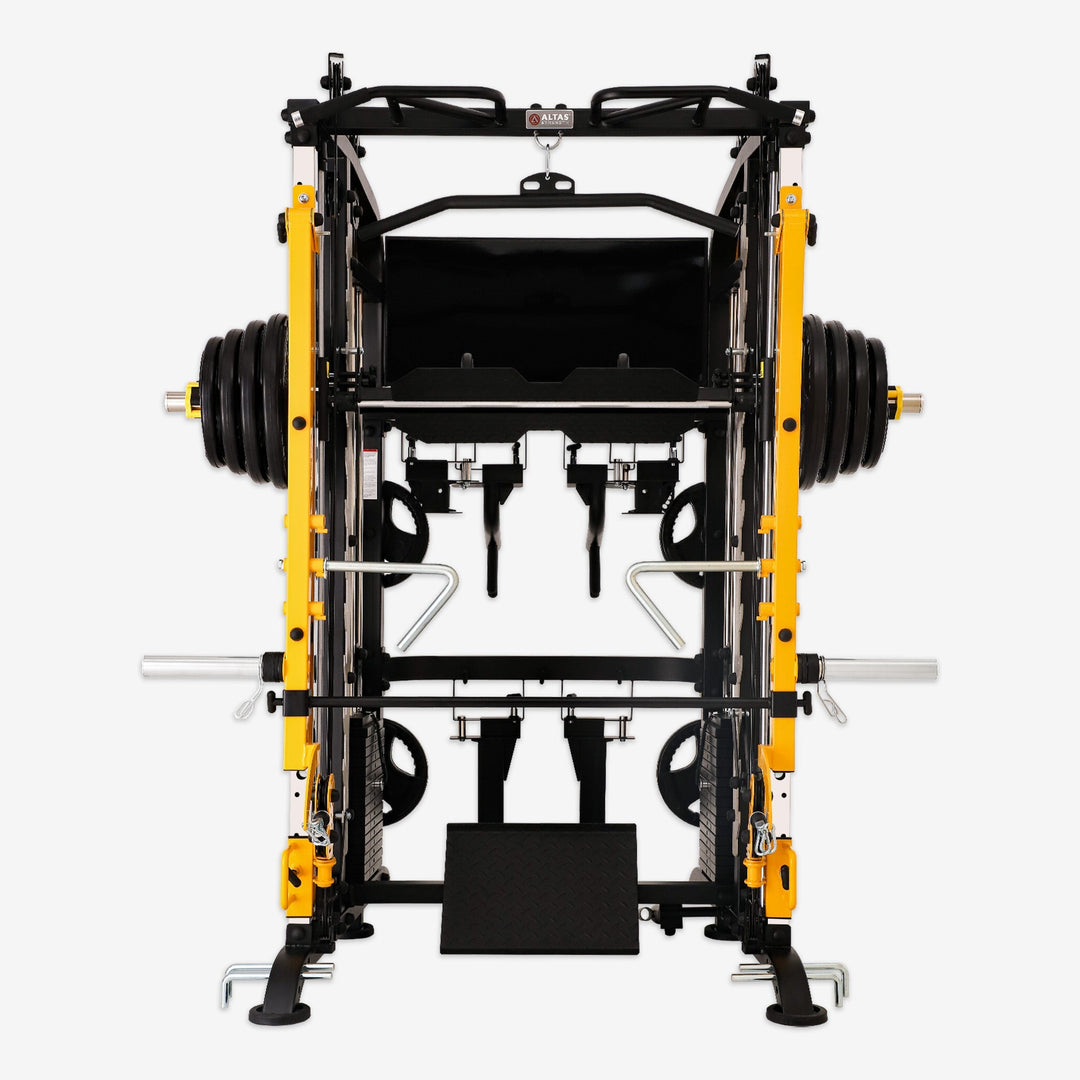 Yellow and black weightlifting machine on a white background