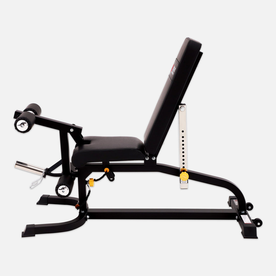 Black weight bench with adjustable backrest on a white background