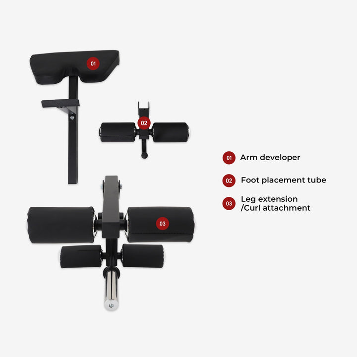 Black adjustable gym device with labeled parts on a white background