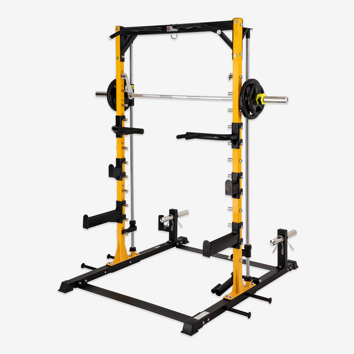 Yellow and black weightlifting rack on a white background