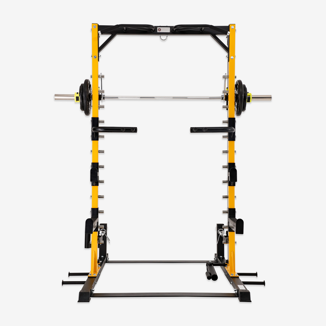 Yellow and black weightlifting rack on a white background