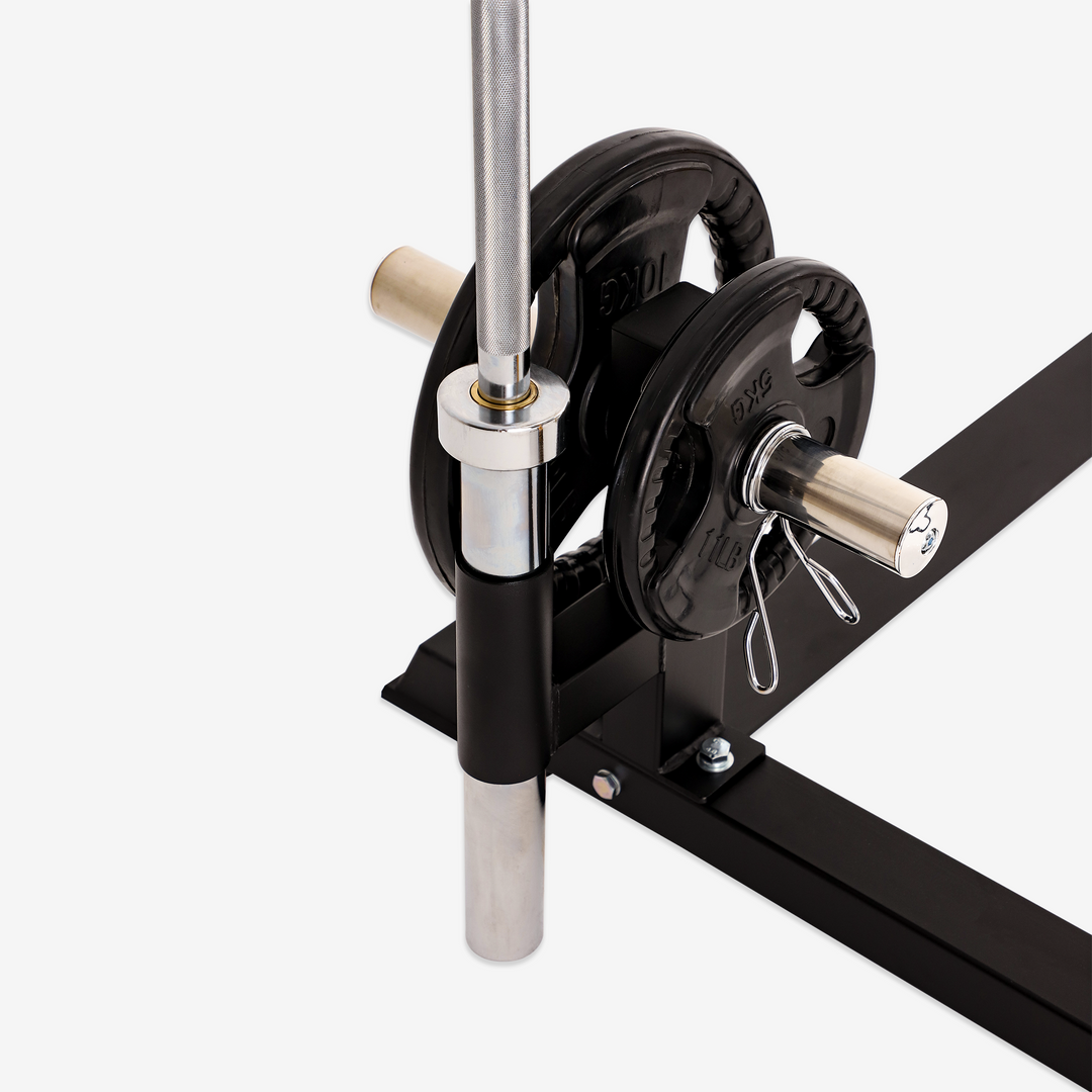 Weightlifting barbell with weight plates on a white background