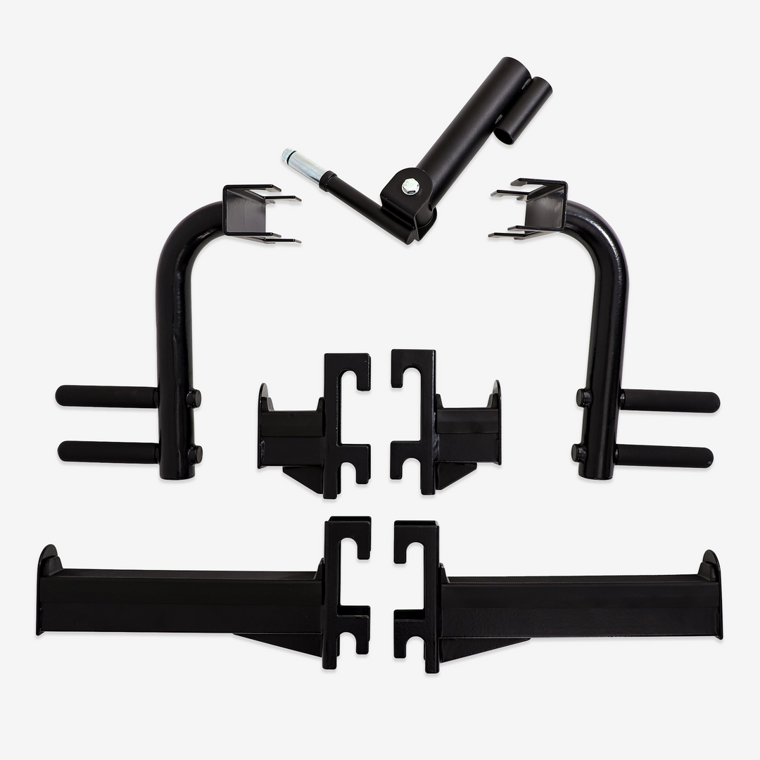 Set of black metal brackets on a white background