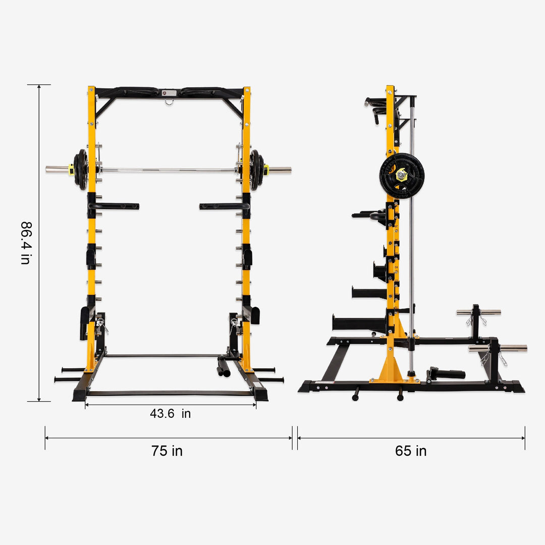 Yellow and black weightlifting rack with dimensions on a white background