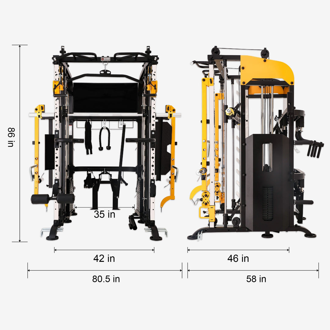 Gym equipment with dimensions labeled on a white background
