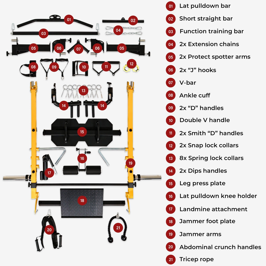 Assorted gym equipment with labels on a white background