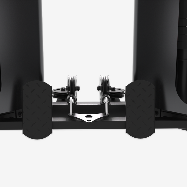 Black speaker stands with adjustable feet on a white background