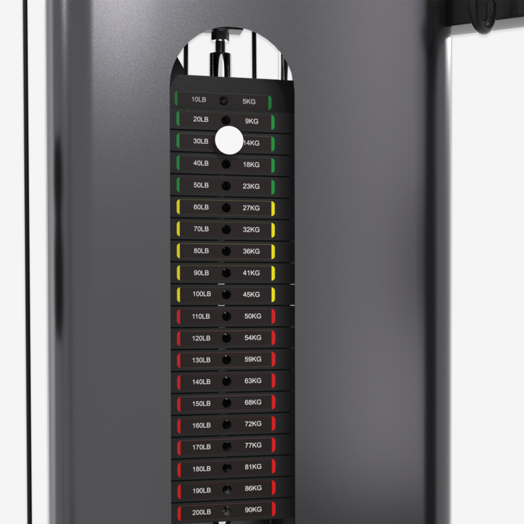 Weight stack on a weightlifting machine with labeled weight capacities.