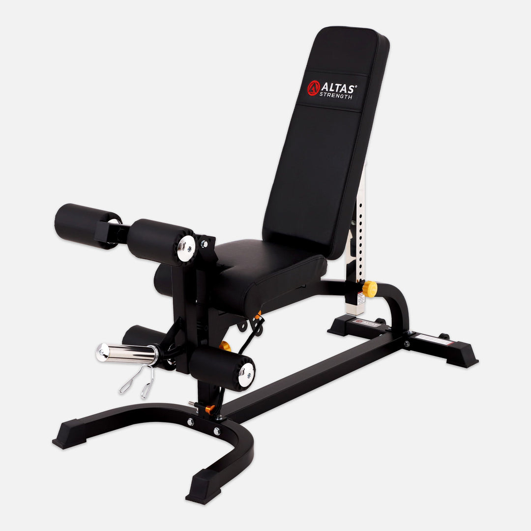 Black weight bench with adjustable components on a white background, featuring the Altas Strength logo.