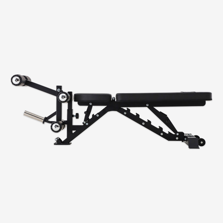 Black weight bench on a white background