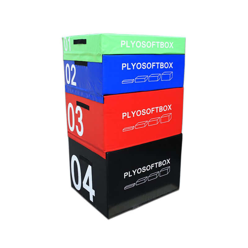 Stackable soft PLYO boxes in various colors for versatile plyometric training, perfect for gym workouts.