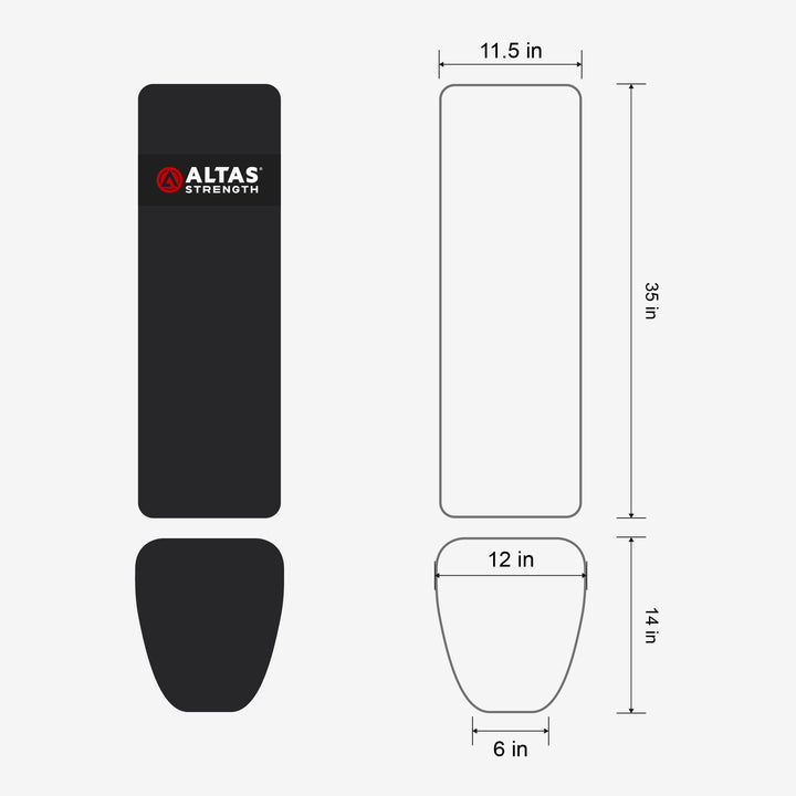 Black exercise mat with Altas Strength logo and dimensions on a white background