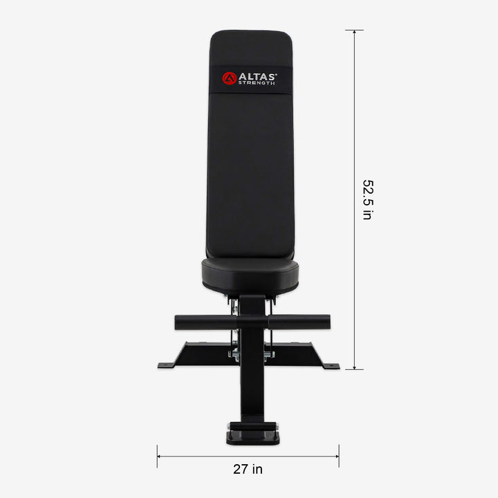 Black weight bench with Altas Strength logo and dimensions on a white background