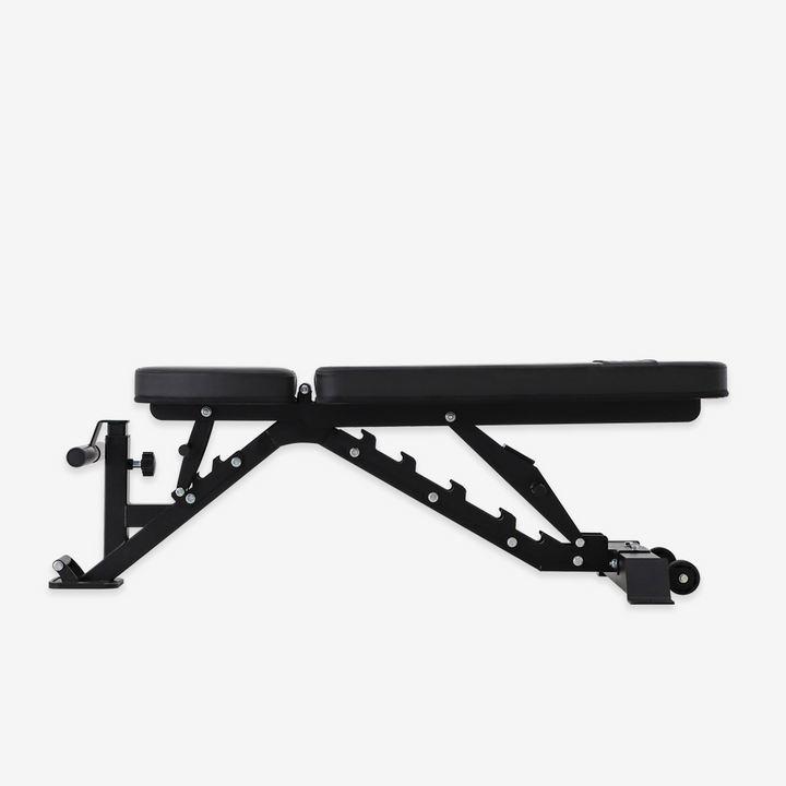 Black adjustable weight bench on a white background