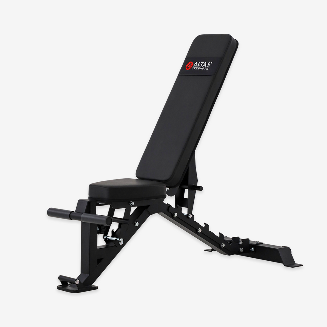 Black weight bench with 'Altas Strength' logo on a white background
