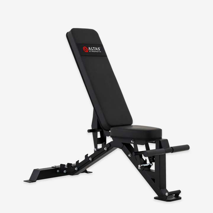 Black weight bench with Atlas Strengths logo on a white background