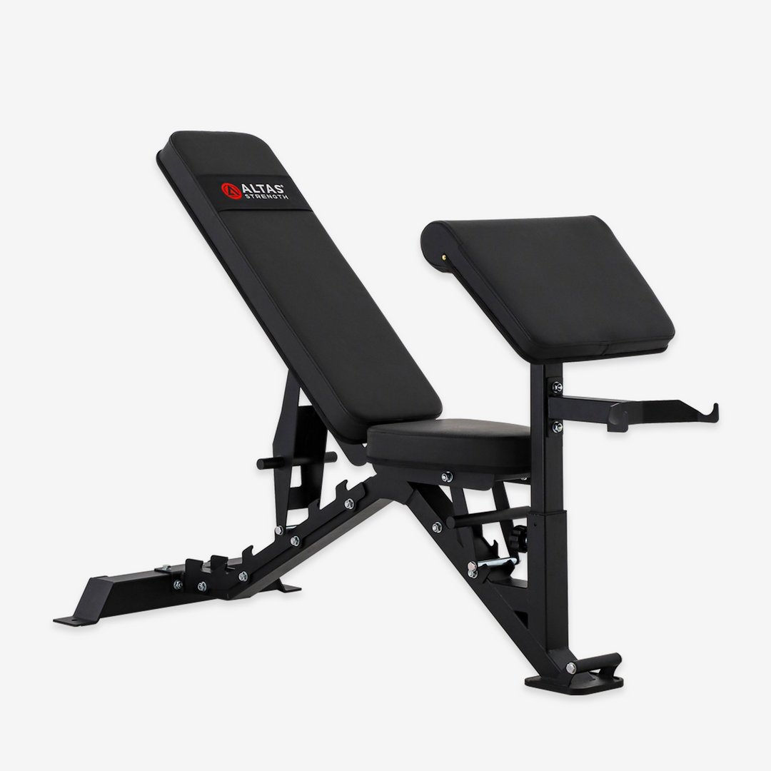 Black adjustable weight bench with 'Altas Strength' logo on a white background