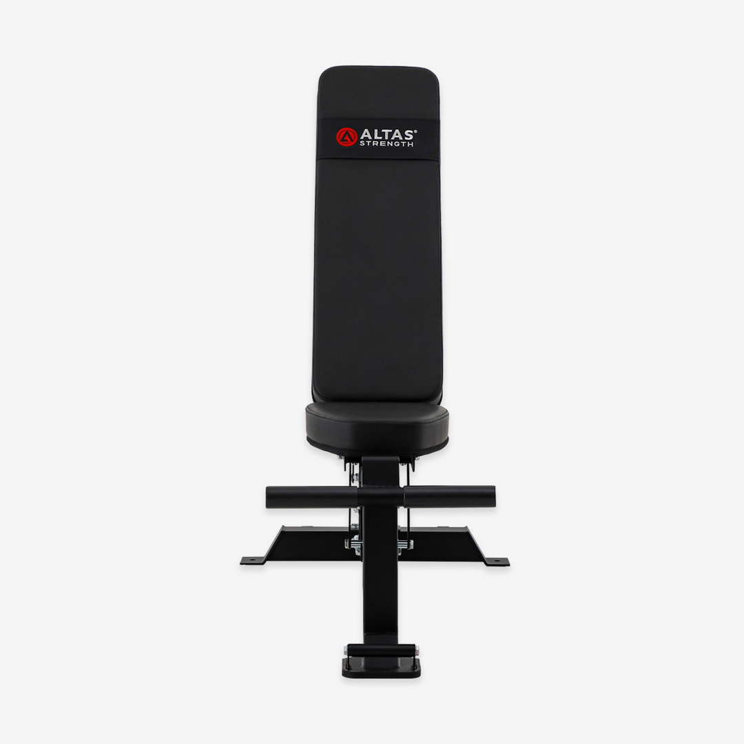 Black weight bench with 'Altas Strength' logo on a white background