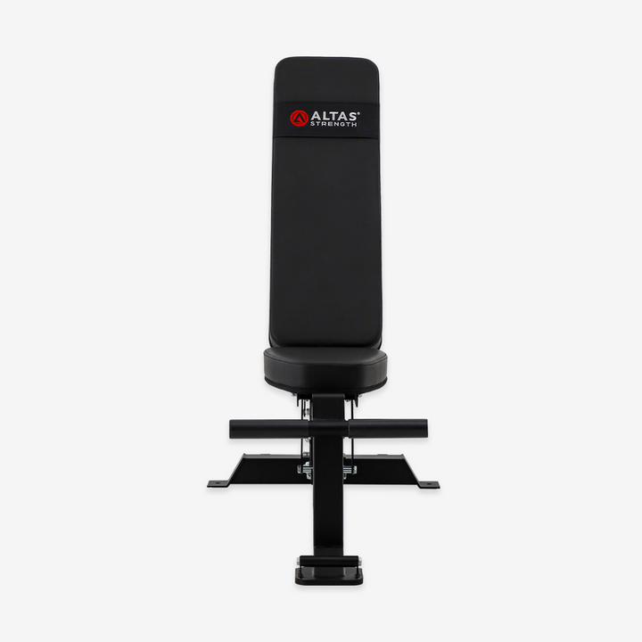 Black weight bench with 'Altas Strength' logo on a white background