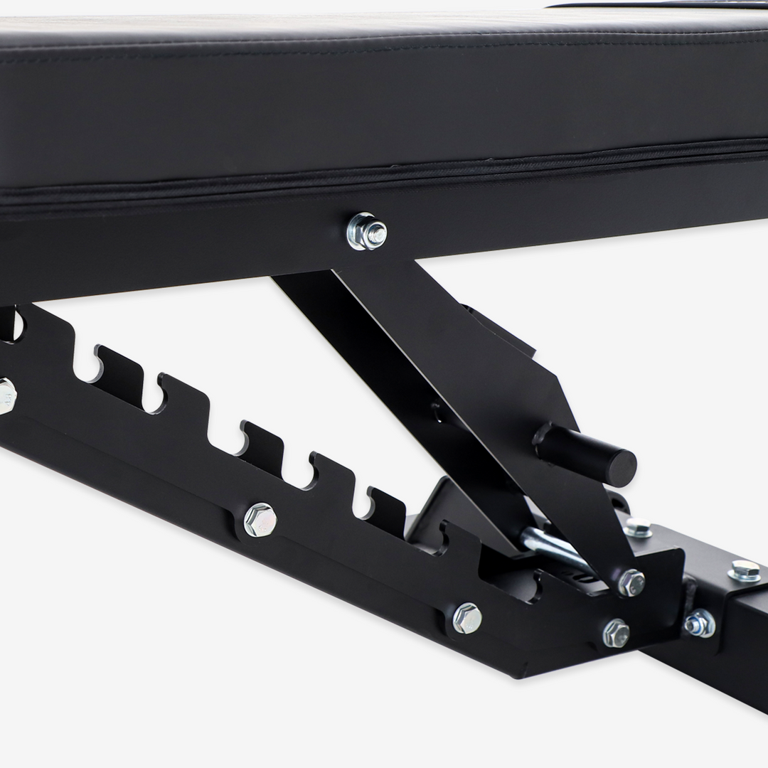 Close-up of a black metal bracket with screws on a white background