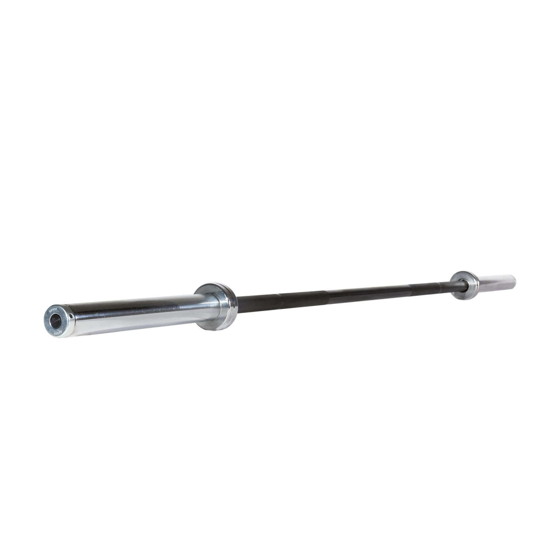 4Ft Black Zinc Olympic Bar with needle bearing technology for smooth lifts, ideal for various workouts, from deadlifts to snatches.