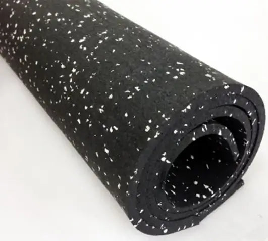 4' X 25' black rubber roll for gym floors, ideal for treadmills, weights, and impact cushioning in fitness facilities.