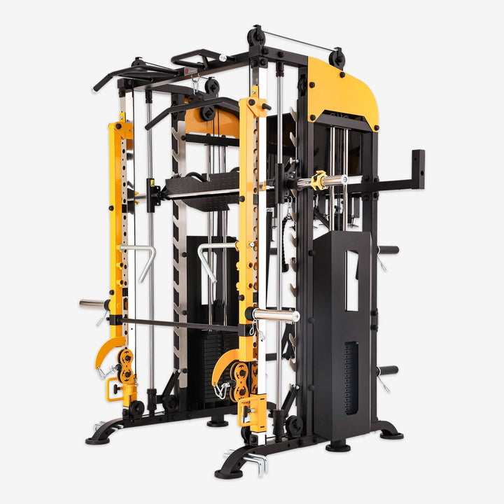 Yellow and black gym power rack on a white background