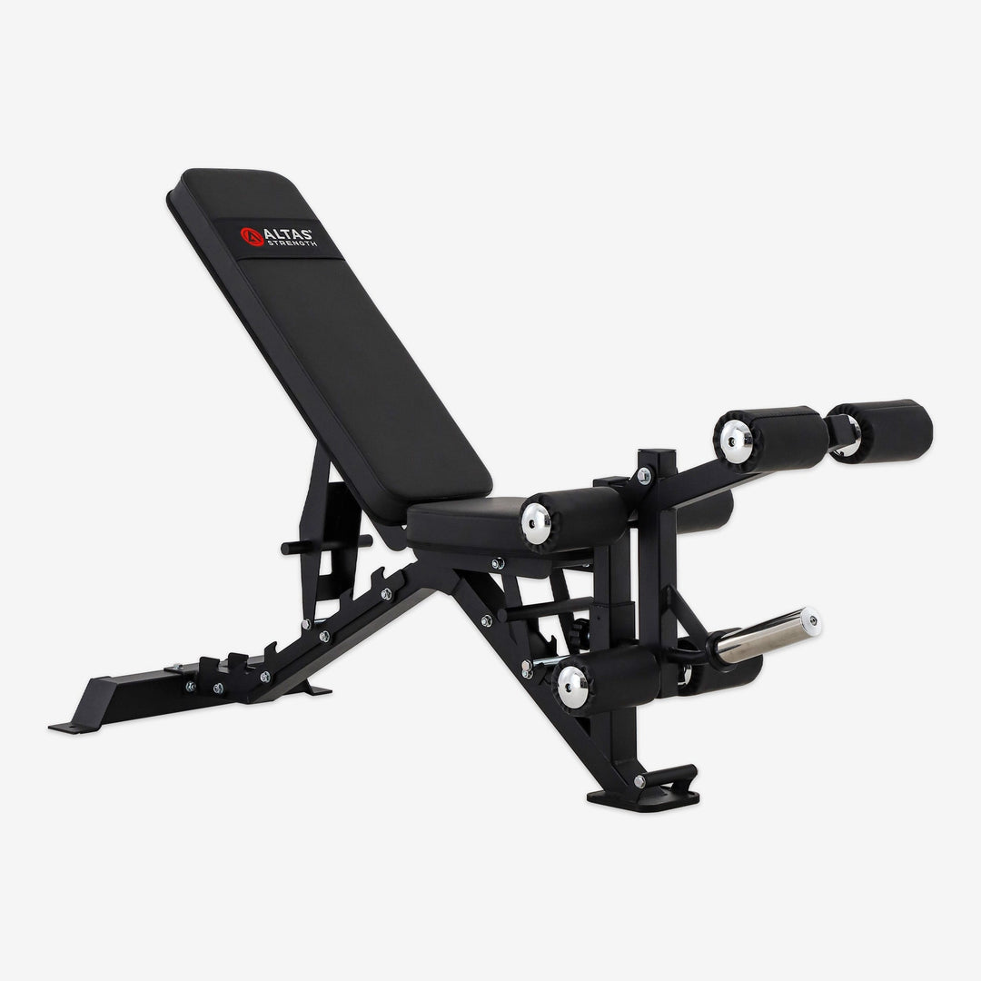 Black adjustable weight bench on a white background
