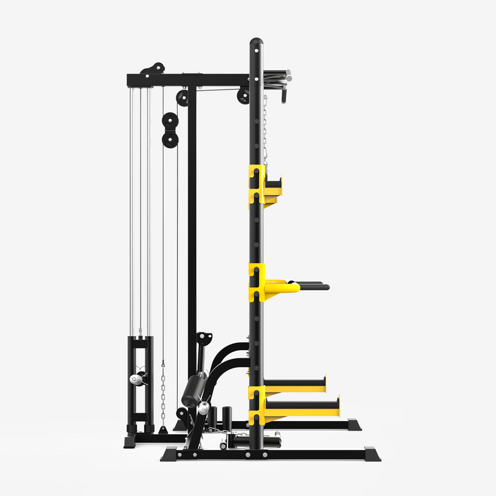 Gym cable machine with black and yellow components on a white background
