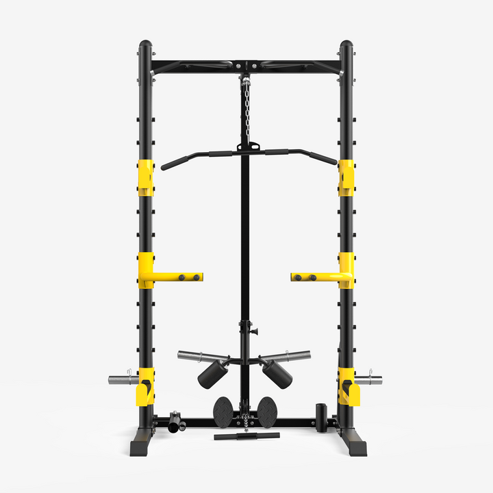 Black and yellow weightlifting rack on a white background