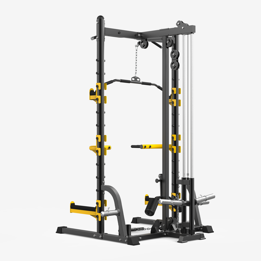 Black and yellow weightlifting rack on a white background