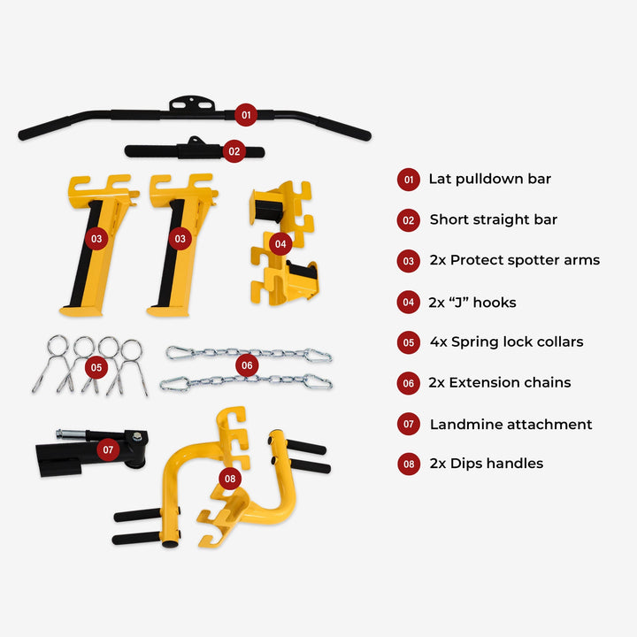 Set of fitness equipment components with labels on a white background