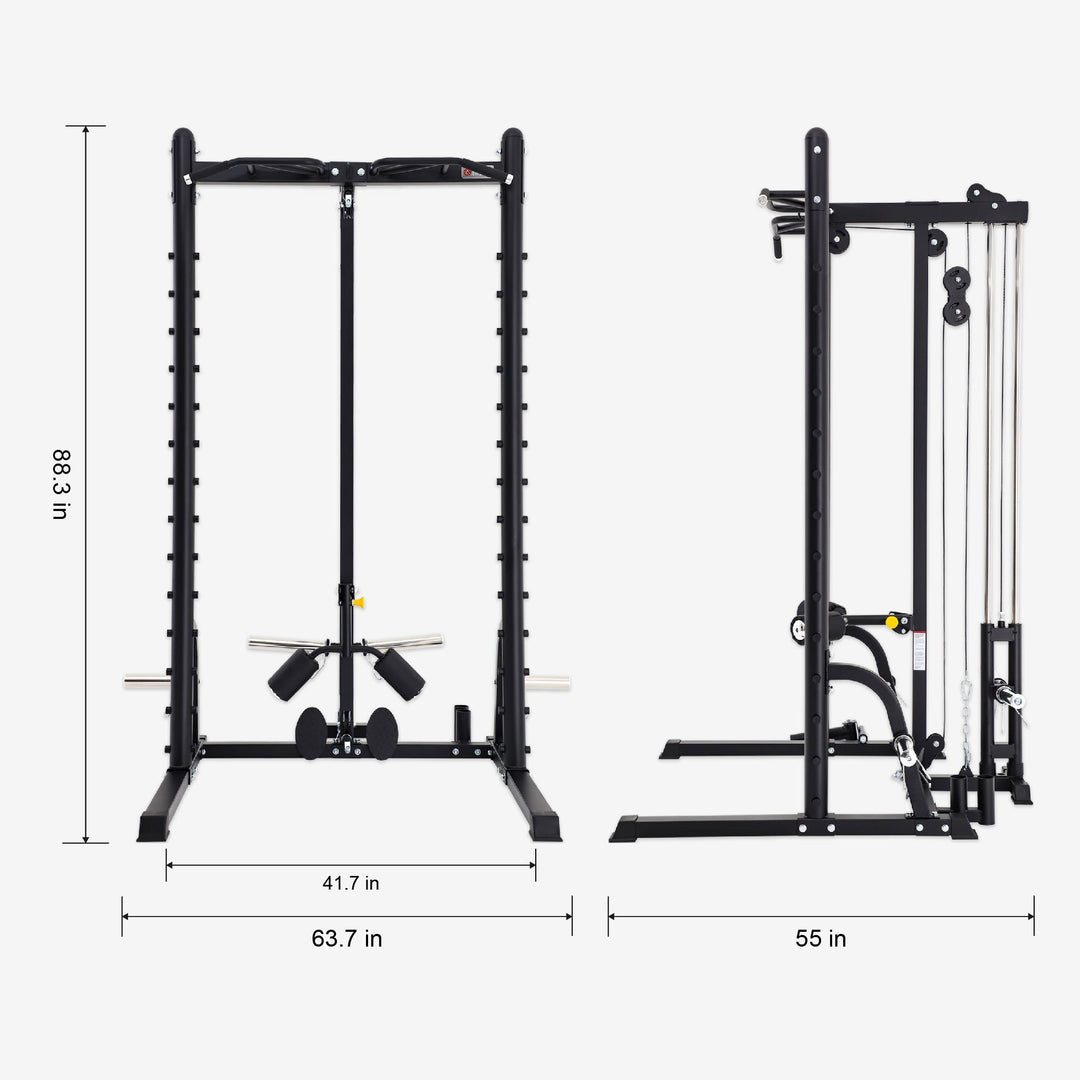 Black fitness equipment frame with dimensions on a white background