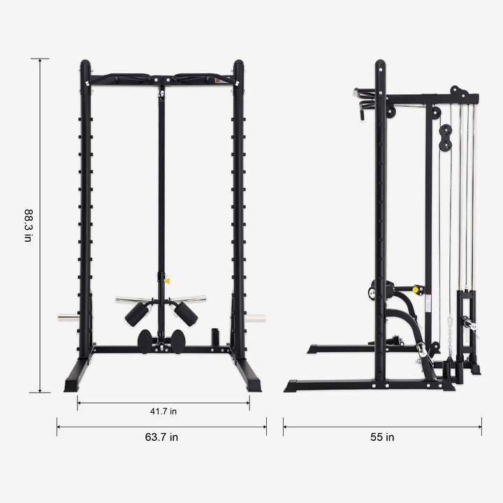 Black fitness equipment frame with dimensions on a white background