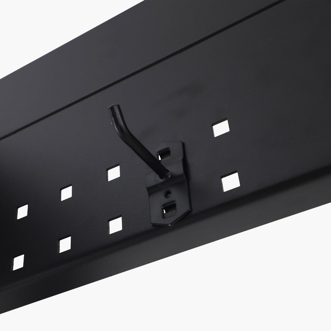 Black metal bracket with hooks on a white background