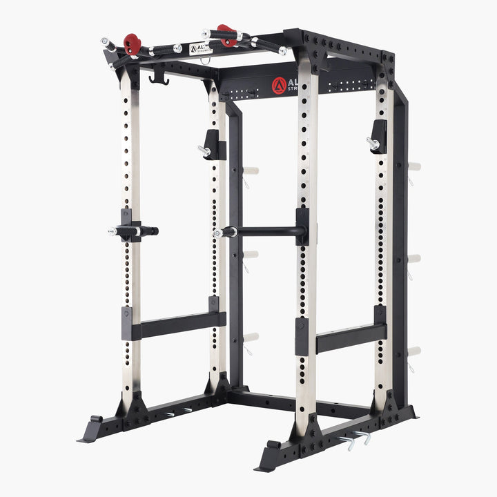 Black and white power rack on a white background