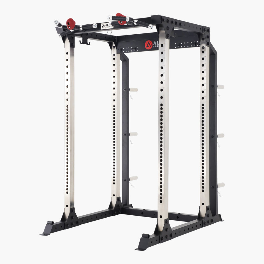Black power rack with white accents on a white background