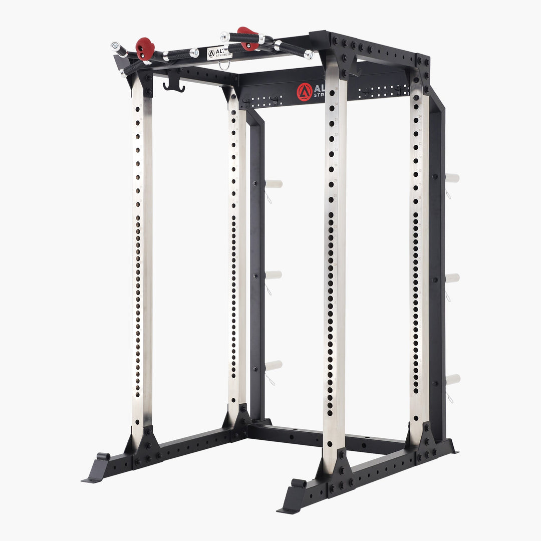 Black power rack with white accents on a white background