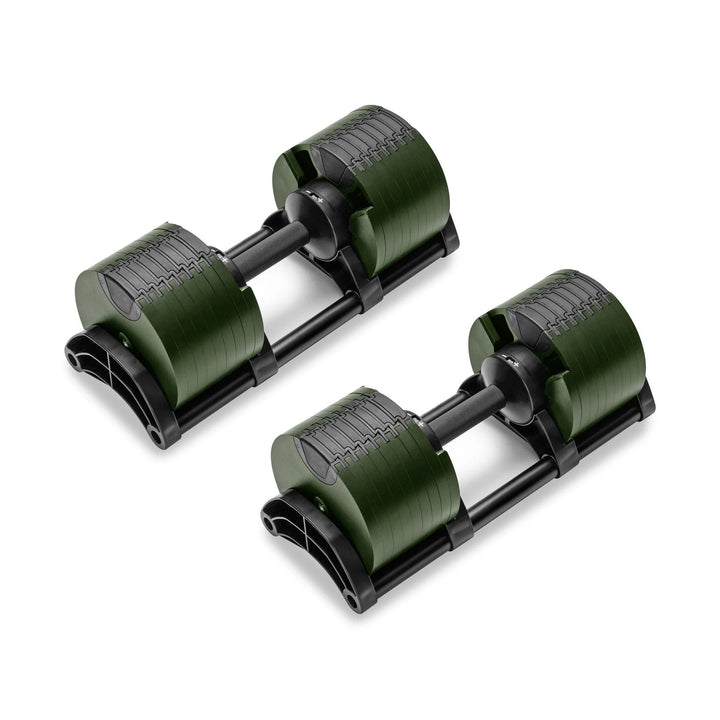 Nuo Style Adjustable Dumbbells pair in green, adjustable from 10lbs to 90lbs for efficient strength training workouts.