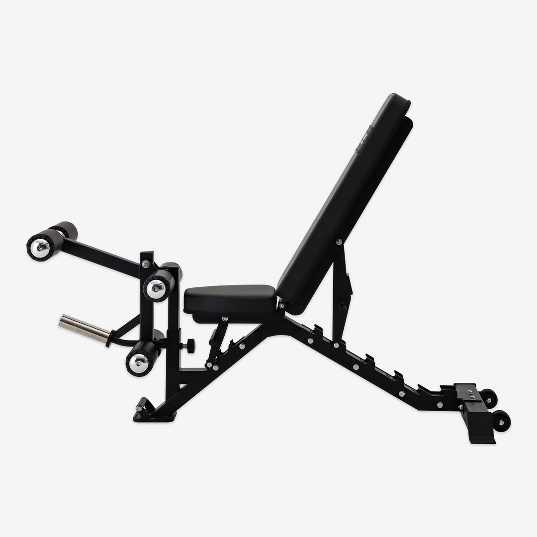 Black weight bench on a white background