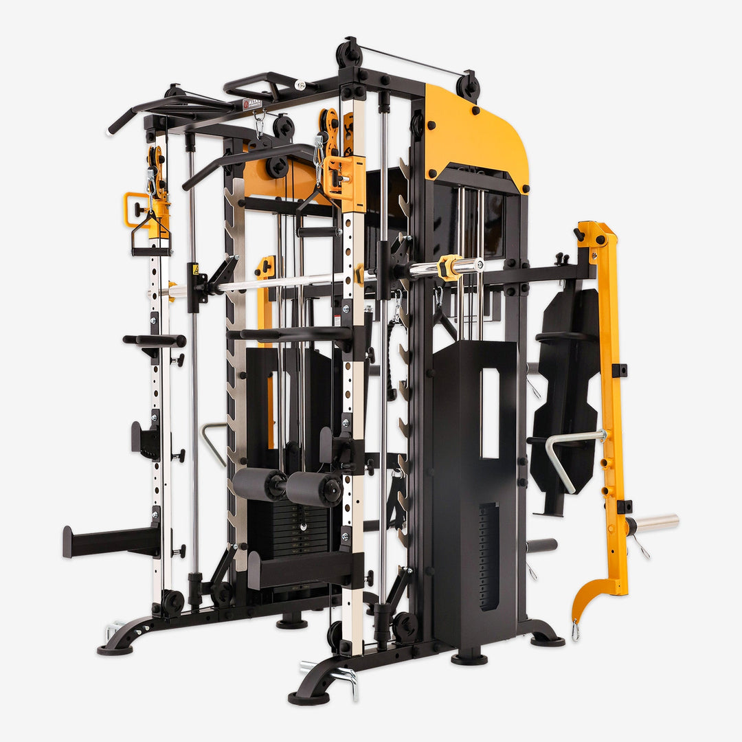 Gym fitness equipment with black and yellow design on a white background