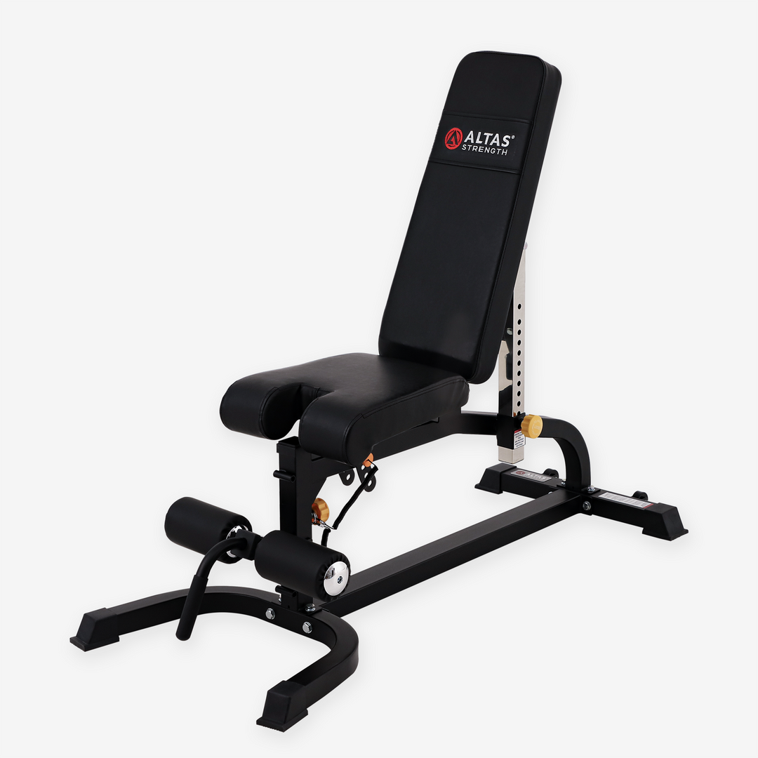 Black adjustable weight bench with Altas Fitness logo on a white background