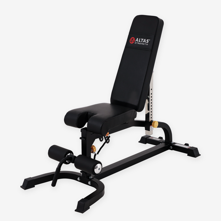 Black adjustable weight bench with Altas Fitness logo on a white background