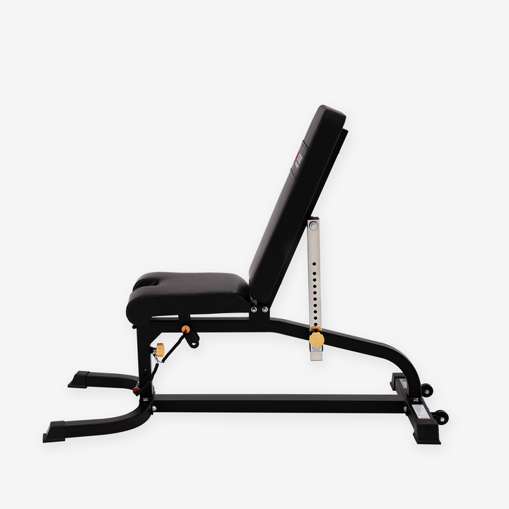 Black adjustable weight bench on a white background