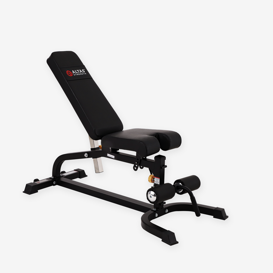 Black weight bench with adjustable components on a white background