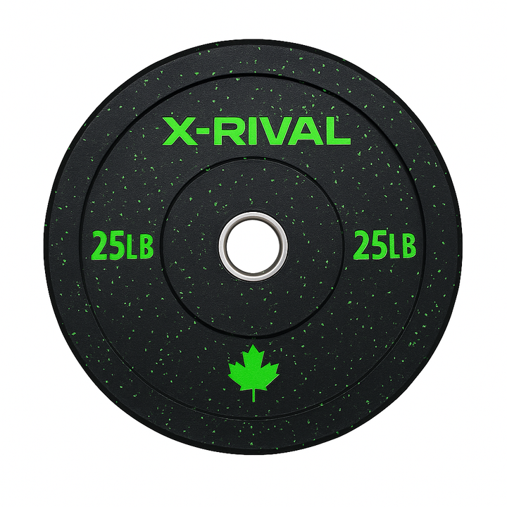 X-RIVAL 25LB crumb bumper plate with green speckles, eco-friendly gym equipment for optimal workouts.