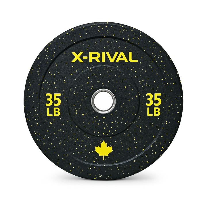 X-RIVAL 35 LB eco-friendly crumb bumper plate, ideal for barbell workouts in gyms across Canada.